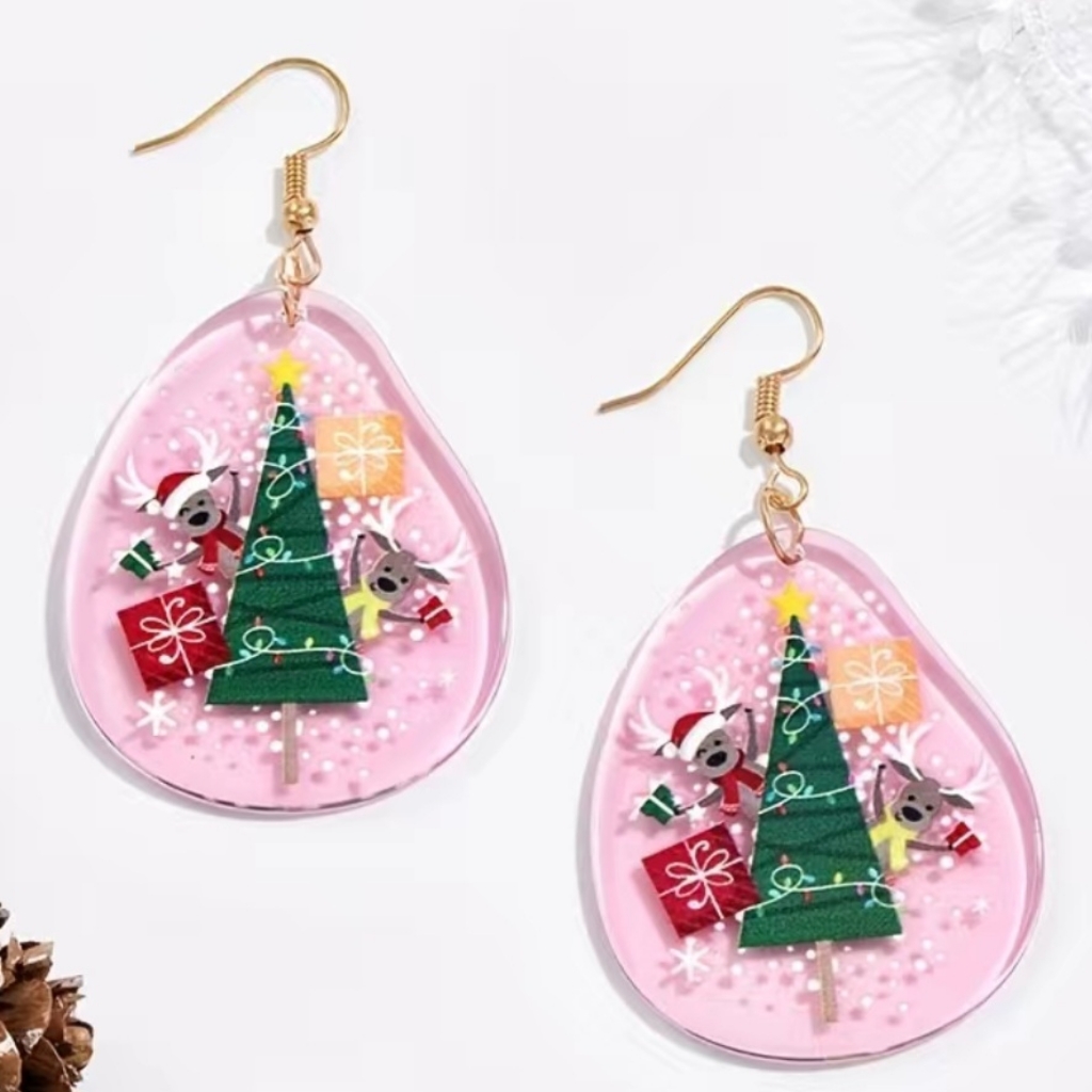Festive Pink Acrylic Christmas Tree Earrings 5$